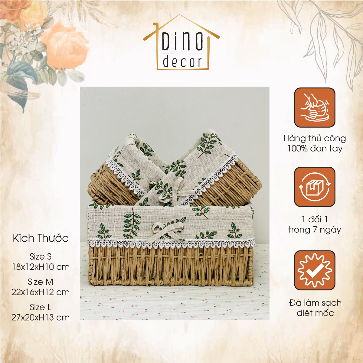 Giỏ đựng tráii cây giỏ đựng thực phẩm vải lót hoa vintage decor trang trí nhà cửa xinh xắn