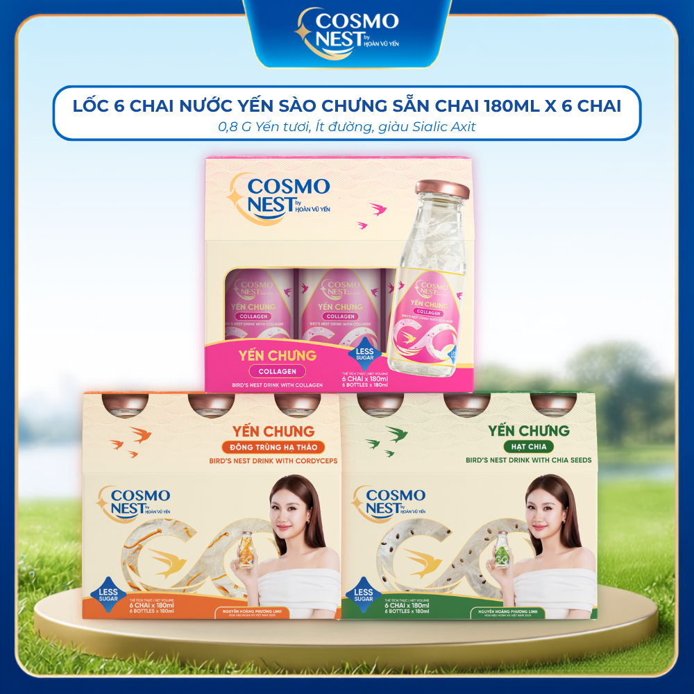 Lốc 6 Chai Nước Yến Sào Chưng Sẵn COSMO NEST 180ml x 6 Lọ - Chứa Yến Tươi, Ít Đường - Hoàn Vũ Yến