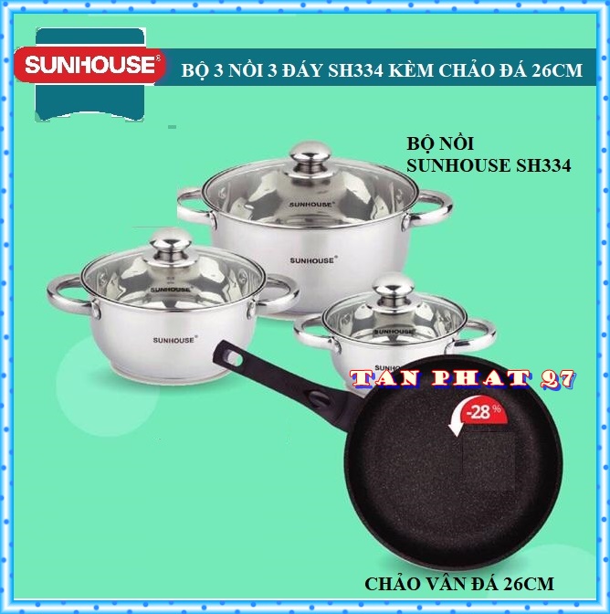 [HCM]Combo bộ nồi nox 3 đáy kèm chảo đá SUNHOUSE 26cm