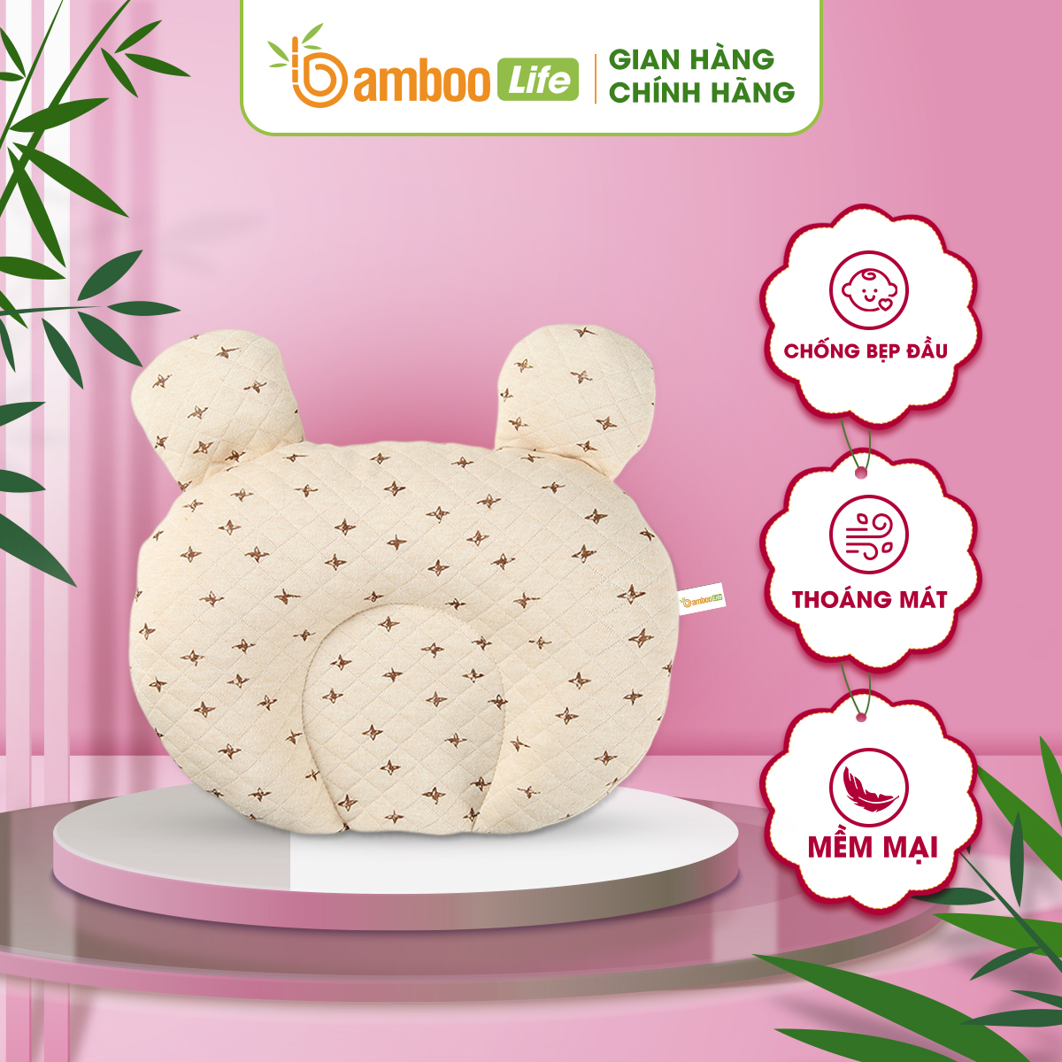 Gối chống bẹp đầu méo đầu móp đầu cho em bé và trẻ sơ sinh Bamboo Life gối cao su non êm ái định hình chống lệch đầu