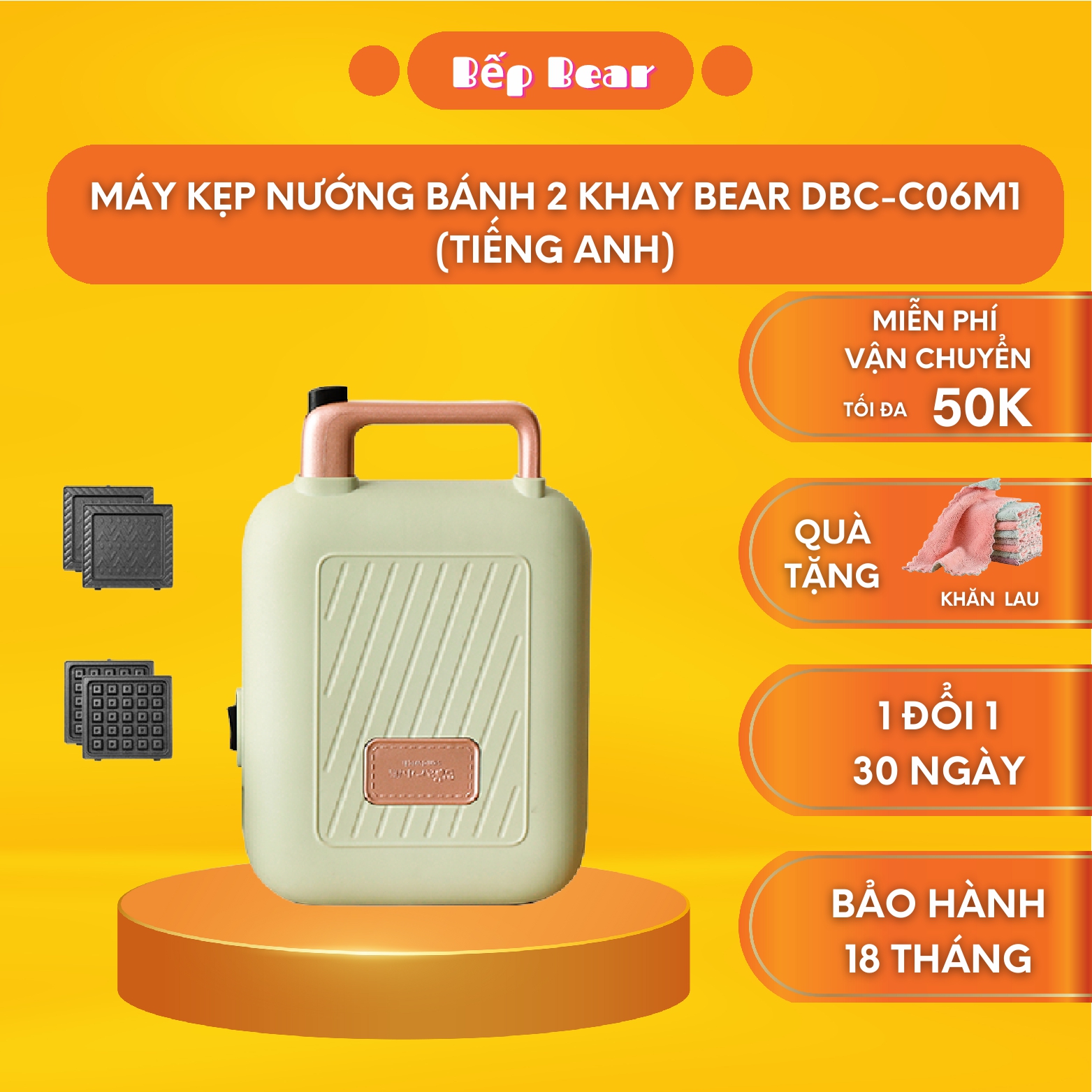 Máy làm bánh waffle, máy nướng bánh đa năng bear nướng bánh sandwich, crepe, waffle rán trứng xúc xích dbc-c06m1, bảo hành 18 tháng