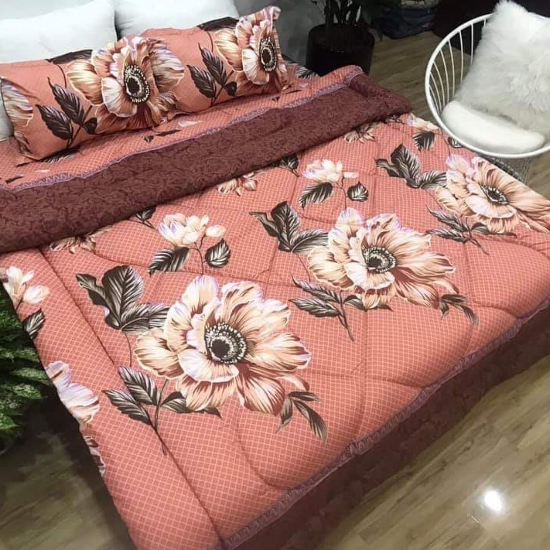 Bộ chăn ga gối chần phao 5 món hoa thược dược + tặng vỏ ôm