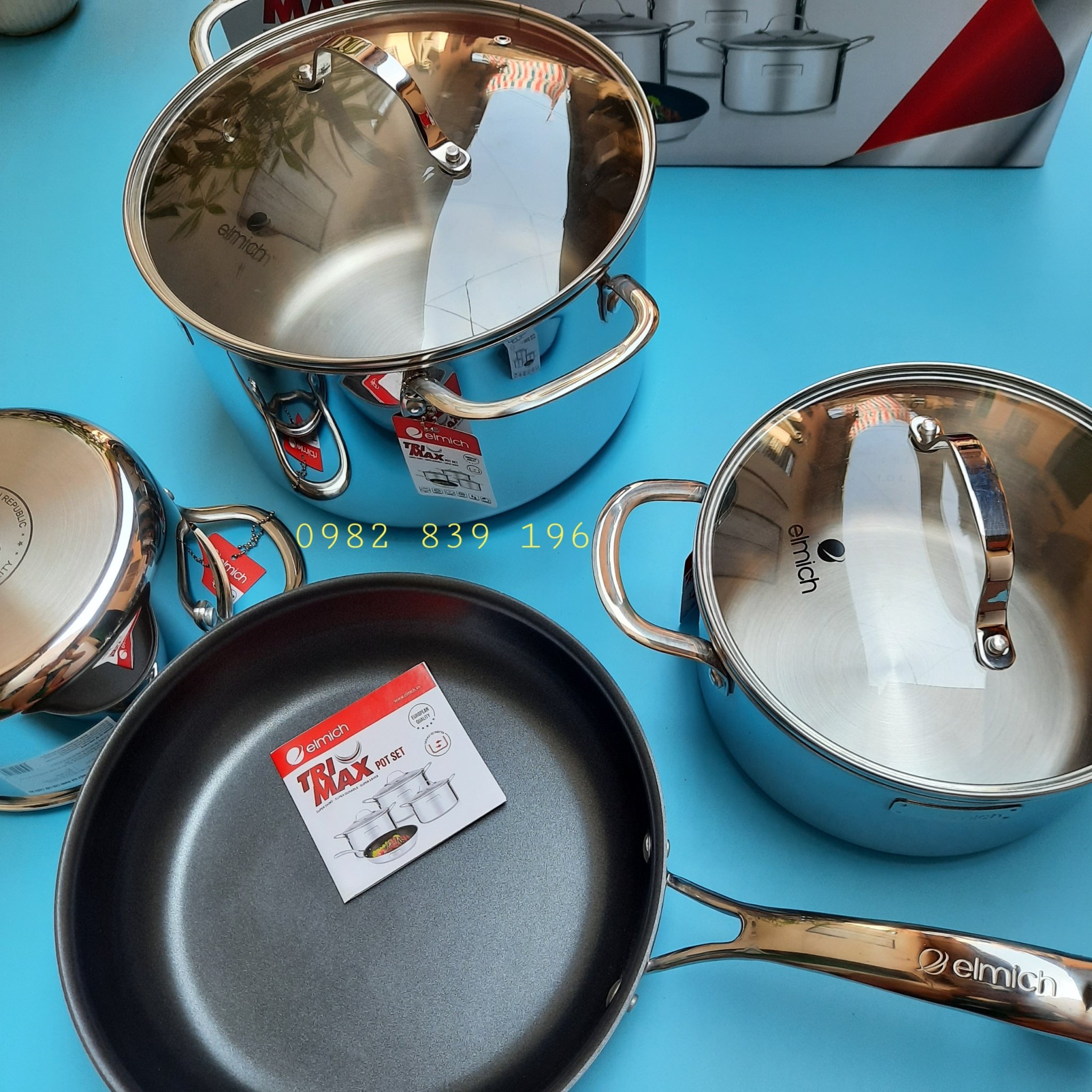 Bộ Nồi Chảo ELMICH 3742 ❤ BỘ NỒI INOX Elmich Trimax Đáy Liền Cao Cấp 18-20-26cm và chảo 26cm