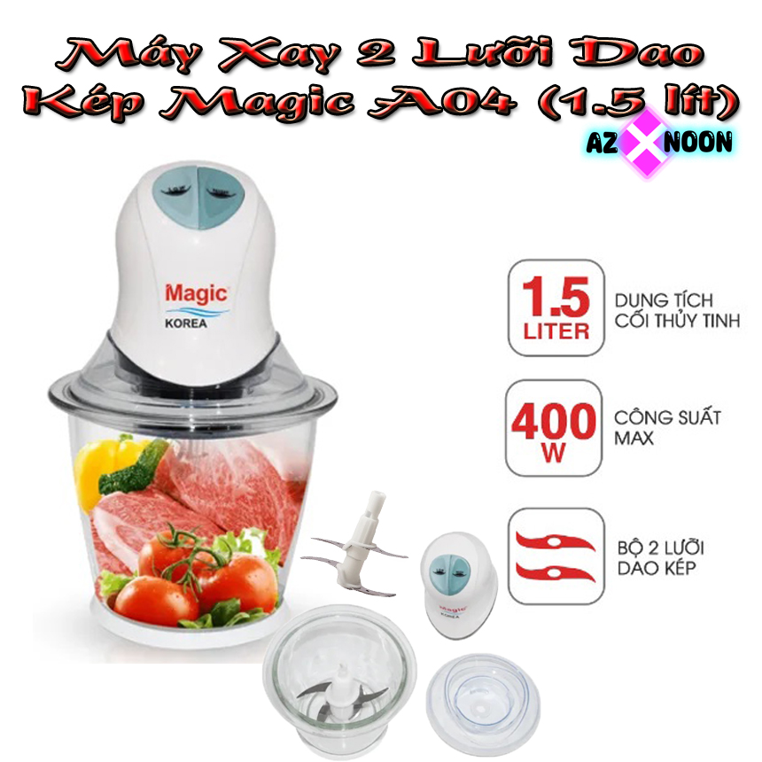 Máy xay thịt magic korea a04 1.5 lít, máy xay 2 lưỡi dao kép magic a04, cối thủy tinh, 02 lưỡi dao kép, máy xay thực phẩm magic korea a-04, công suất mạnh mẽ 400w, an toàn, dễ dàng sử dụng tháo lắp, xay mịn nhuyễn chất lượng