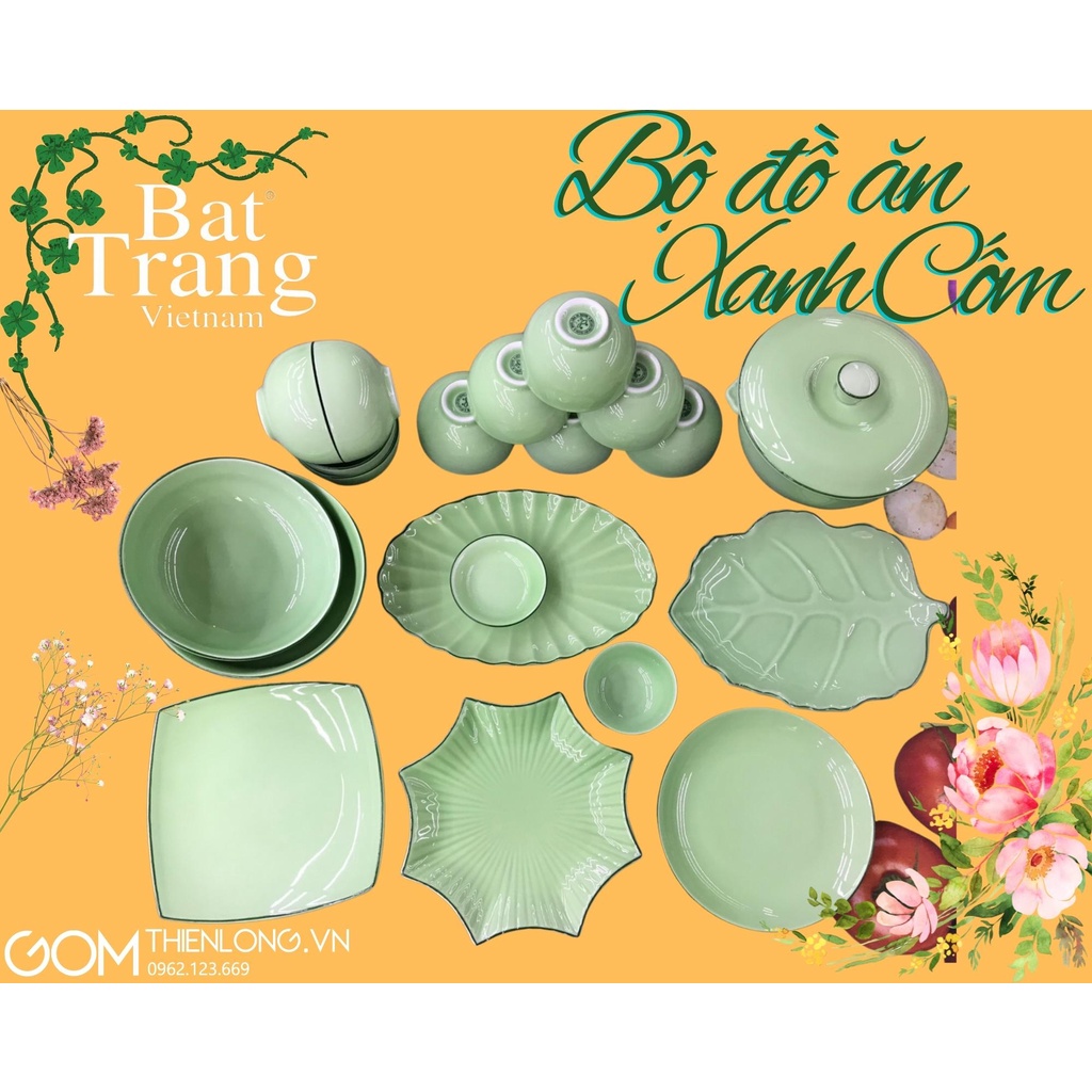 Bộ bát đĩa ngọc xanh ngọc | bát đĩa sứ bát tràng chính hãng | gốm thiên long