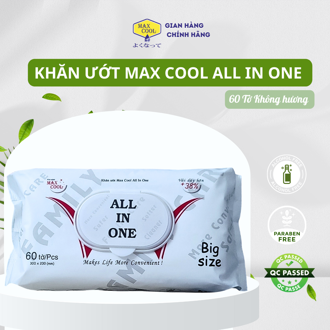 1 gói khăn ướt max cool all in one 60 tờ không hương big size 20x30cm vải bi dày dặn