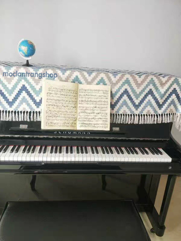 Khăn phủ đàn piano cơ điện họa tiết kẻ phong cách Bắc Âu. Tấm phủ phím ghế đàn vải thô đũi cao cấp thời trang chống bụi