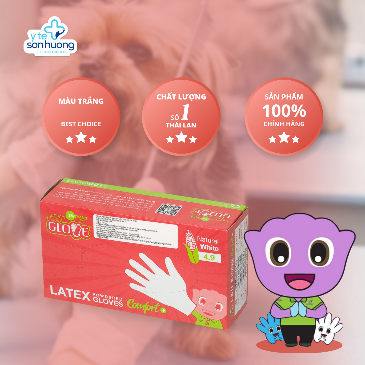 Găng tay y tế có bột latex i'm gloves comfort+ 4.9gr găng tay có bột thái lan hộp 100 chiếc màu trắng nhám đầu ngón tay size s m l