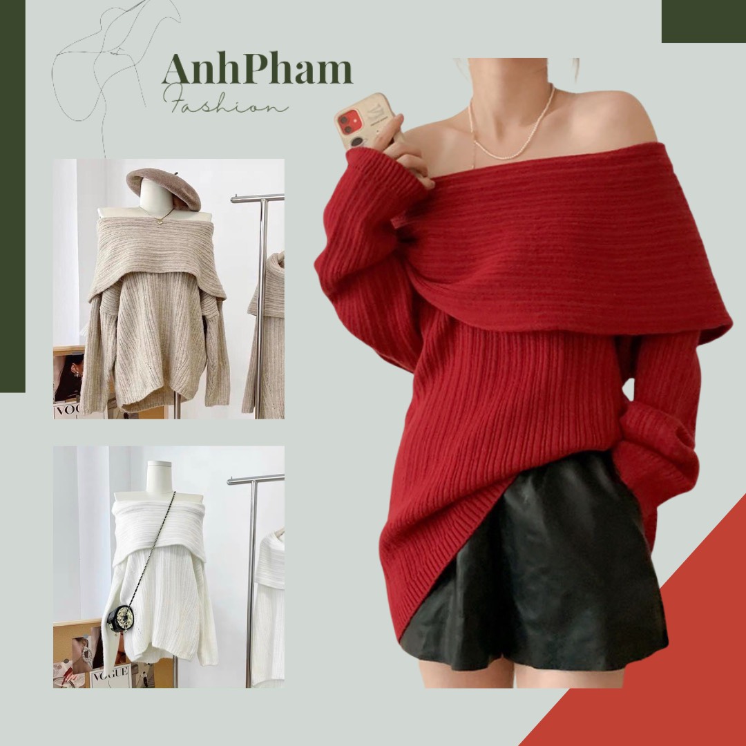 Áo len trễ vai dáng giấu quần đẹp xỉu, hàng QCCC