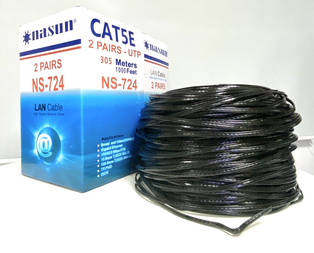 (Cuộn 305m). Cáp mạng 4 lõi ĐỒNG có gia cường Nasun NS-724 vỏ PVC đặc ngoài trời