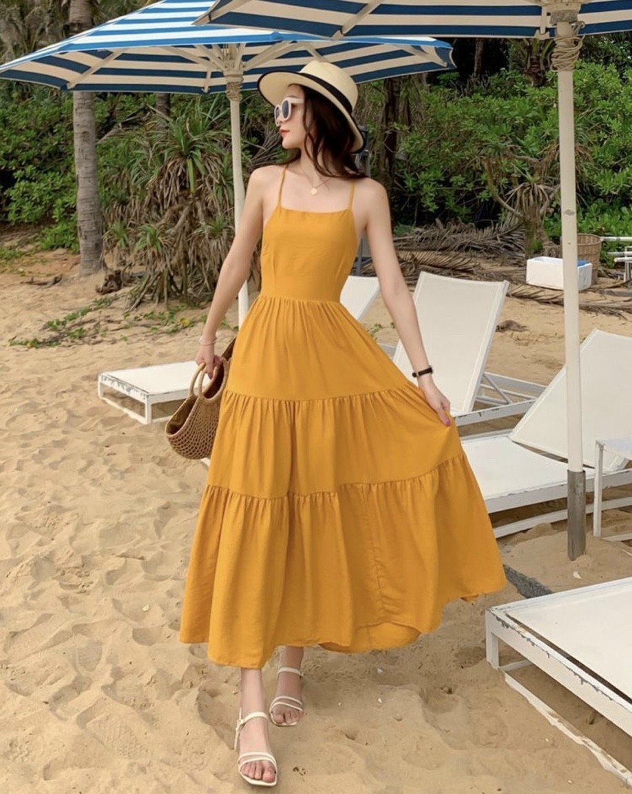 Đầm maxi vàng nghệ đan dây sau
