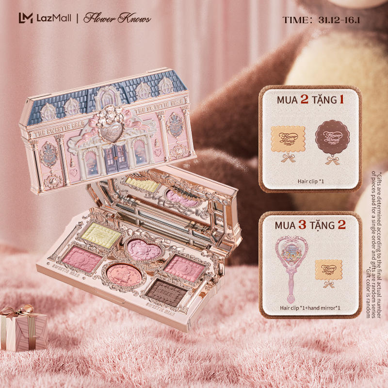   NEW Flower Knows The Sweetie Bear Collection 6-Color Makeup Palette phấn mắt Tông màu Matte & Ánh kim. Lên màu chuẩn và lâu trôi. Hiệu ứng trang điểm tinh tế  Tông màu nâu & hồng cho ngày thường 