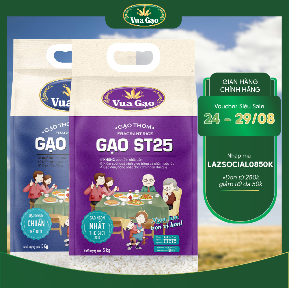 Combo Gạo ST25 và Gạo ST24 - Chính Hãng Vua Gạo - Túi 5kg (Cam kết date mới)