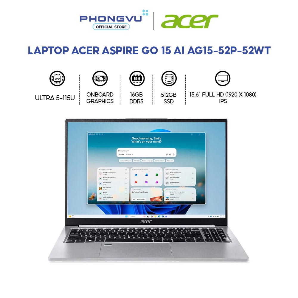 Acer Aspire Go 15 Ai Ag15-52P-52Wt Laptop (Ultra 5-115U/ 16Gb/ 512Gb/ Windows 11 Home Sl) - 12-Month Warranty Giá 24,290,000 Đồng*Miễn phí vận chuyển