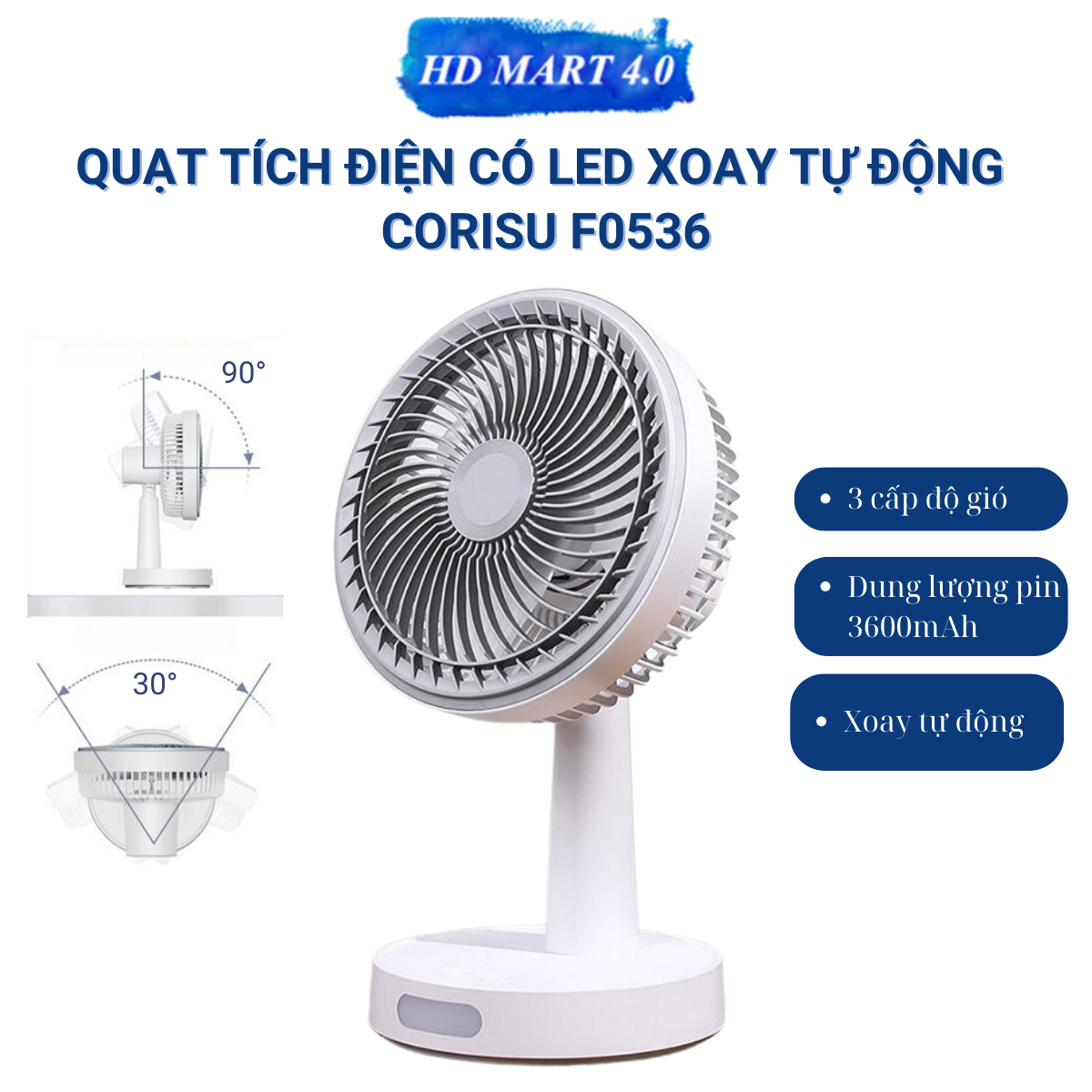 Quạt tích điện F0536 có chế độ xoay ngang tự động CORISU F0536 ba chế độ gió kèm LED, dung lượng pin lớn siêu khoẻ - Bảo hành 12 tháng