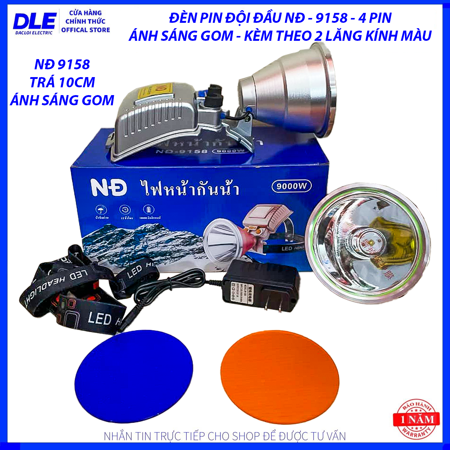 ĐÈN PIN ĐỘI ĐẦU ND 9158 - NHẬP KHẨU THÁI LAN - 4 CỤC PIN - CHỐNG NƯỚC - ĐI MƯA - CHIẾU XA 1000 MÉT - KÈM THEO 2 LĂNG KÍNH MÀU