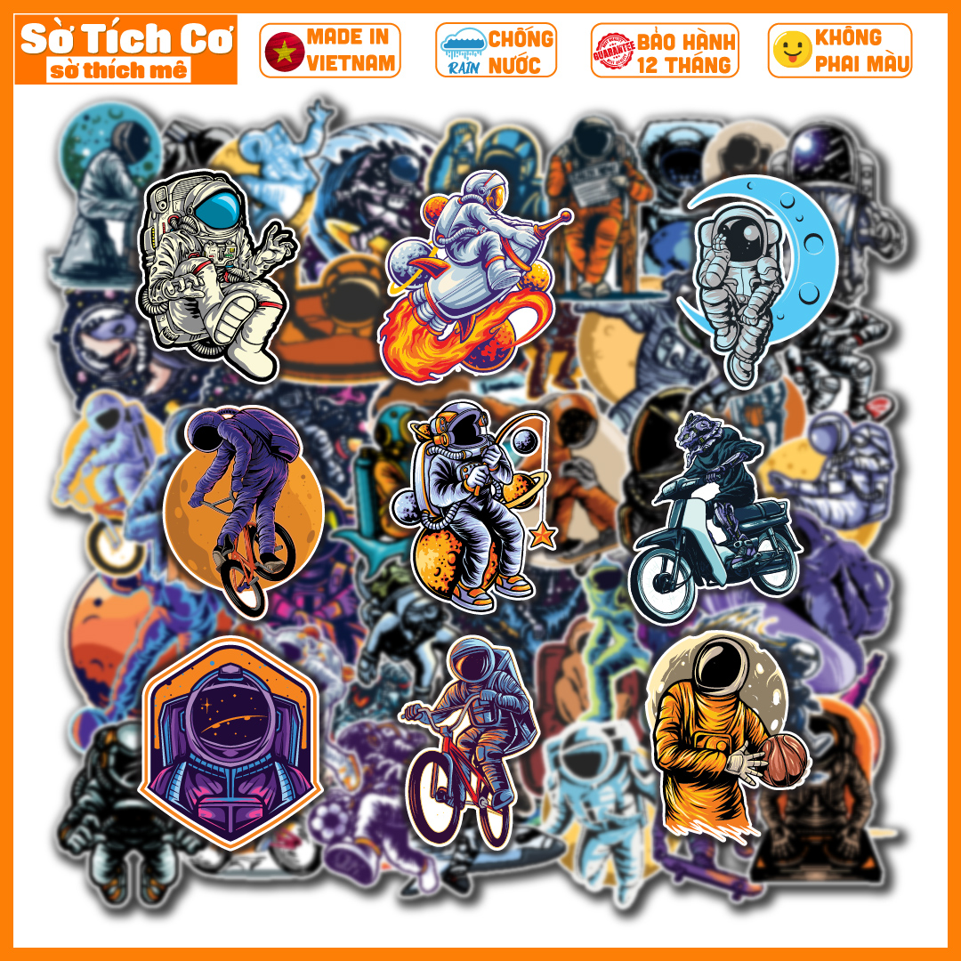 Bộ 50 Sticker Phi hành gia chống nước sticker dán laptop, điện thoại, đàn guitar, mũ bảo hiểm, vali. MSP: NS01