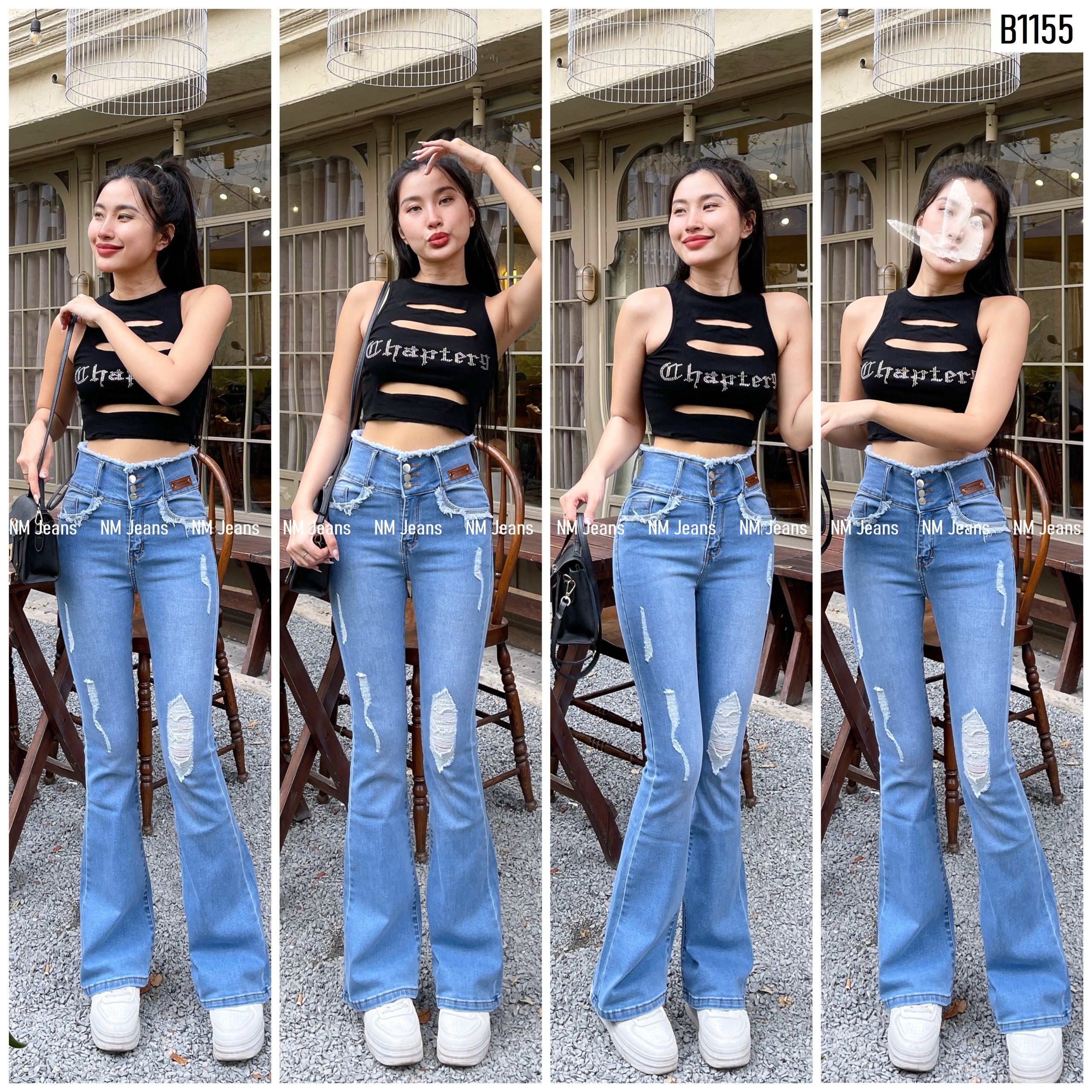 Quần jean nữ loe lưng cao 3 nút tua lưng rách xanh sữa co giãn