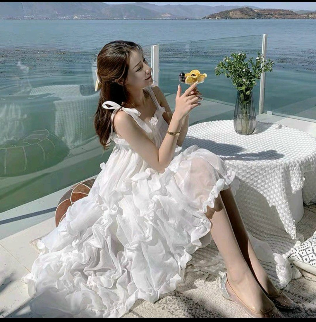Váy đầm voan dễ thương 2 dây cột nơ vai dáng xòe bèo tầng siêu xinh