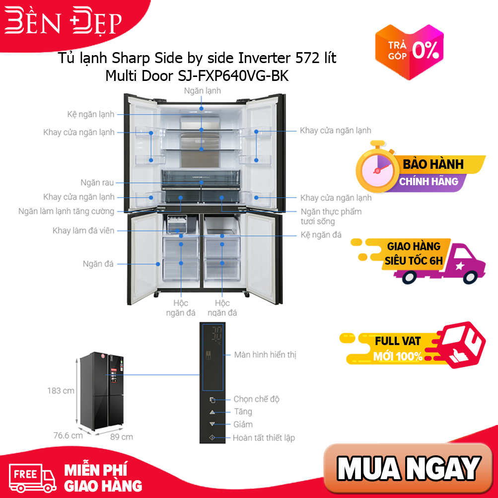 [Trả góp 0%]Tủ lạnh Sharp Side by side Inverter 572 lít Multi Door SJ-FXP640VG-BK  (Giá áp dụng giao nội thành HN. Ngoại thành, HCM& các tỉnh liên hệ shop)