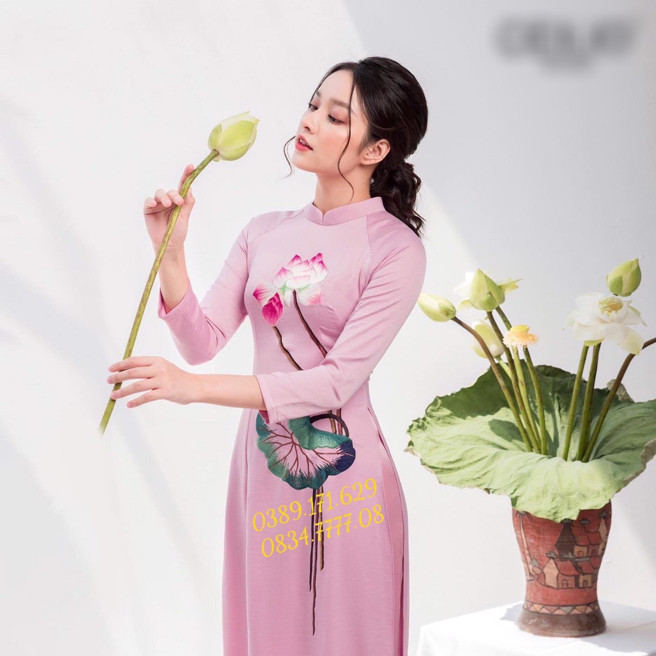 Sét Áo Dài Lụa Tây Thi HồngThuê Tay Hoa Sen Thướt Tha Yểu Điệu