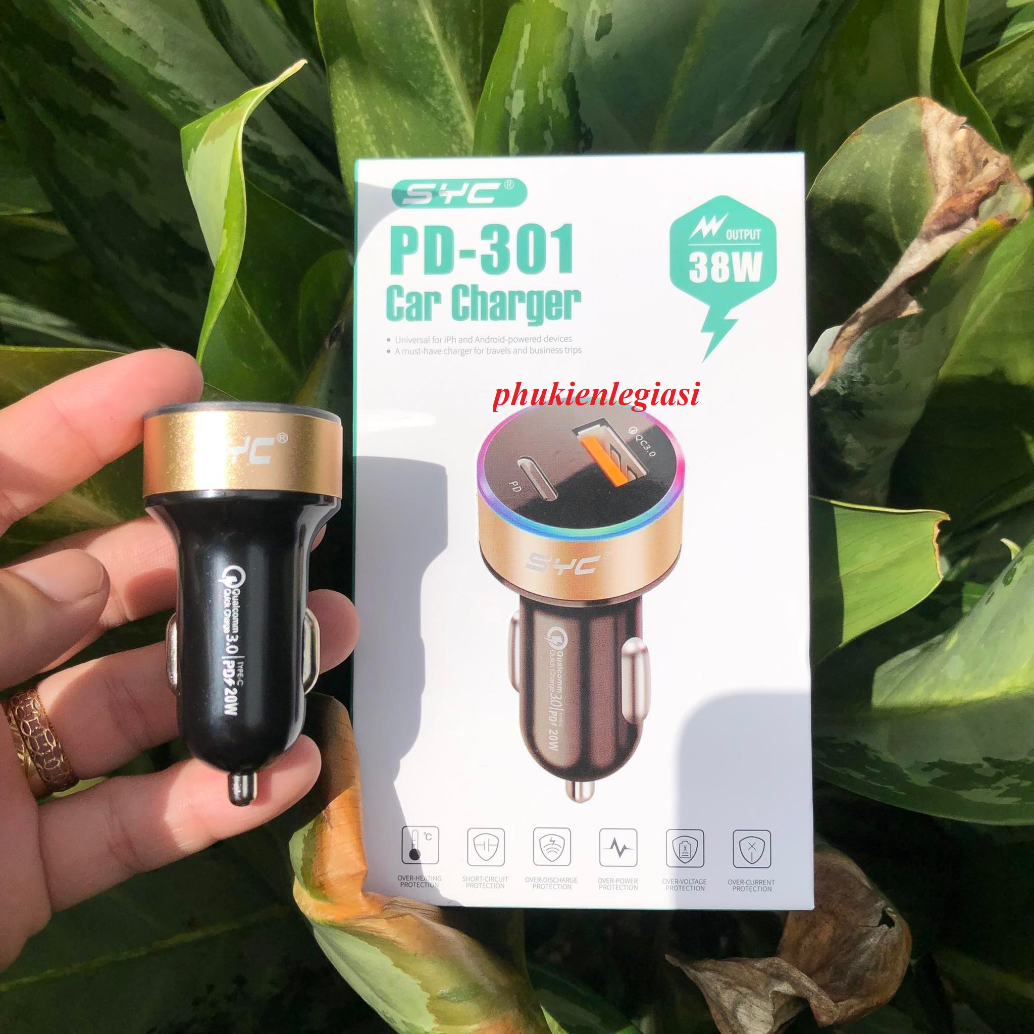 Cốc sạc oto có cổng pd sạc nhanh syc 301 có 2 cổng usb 38w