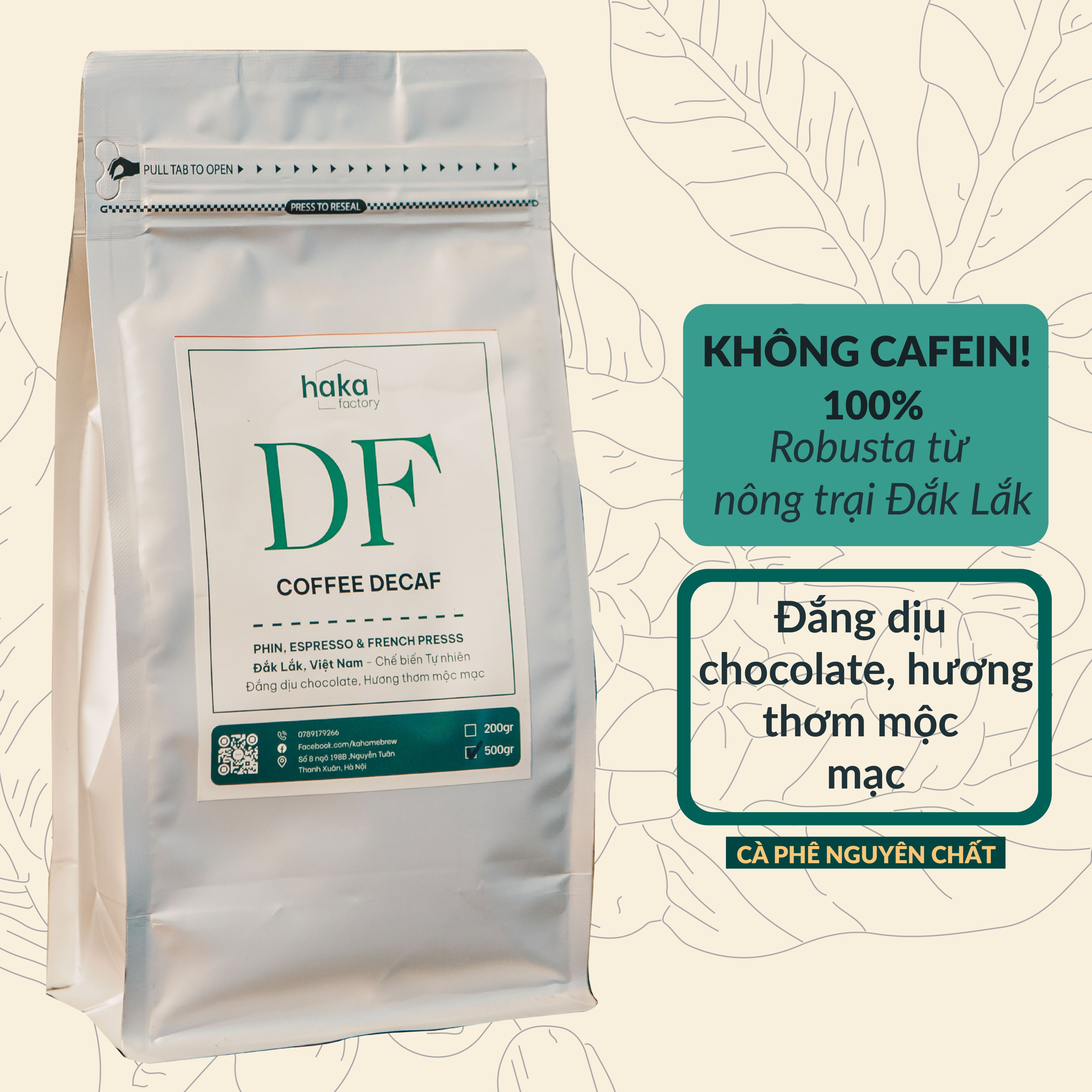 Cà phê Quốc Dân DECAF 100% Robusta Đắk Lắk tách Cafein rang xay nguyên chất hương thơm mộc gói 500g Pha Phin, Espresso