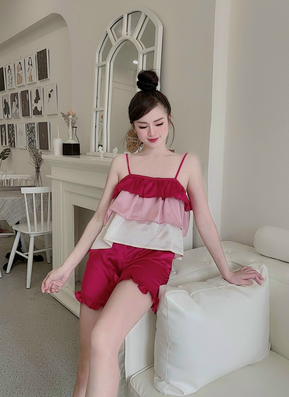 Sét bộ mặc nhà nữ áo 2 dây xếp tầng quần đùi ống rộng