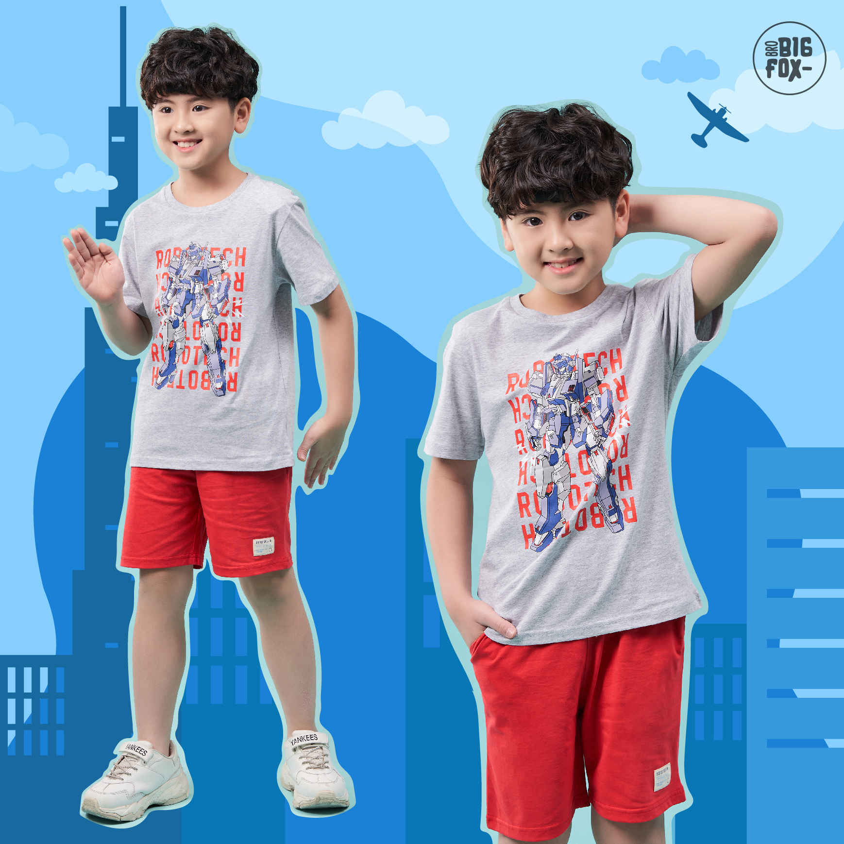 Bộ bé trai size đại bộ đồ cộc tay cho bé chất cotton phong cách Âu Mỹ hình in GHI ROBOT 11 – 40 QATE