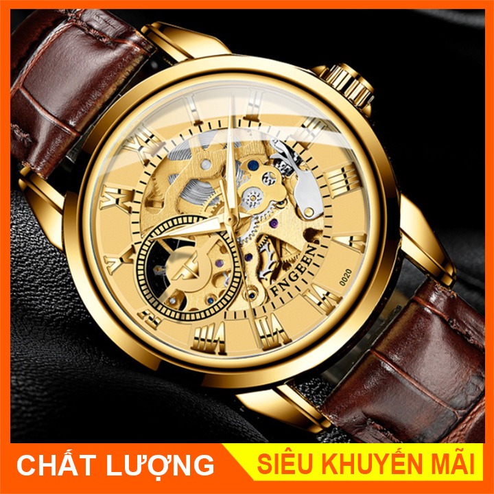 Đồng hồ cơ lộ máy fngeen dây da siêu đẹp, đồng hồ tự động nam lộ máy trong suốt giá rẻ, đồng hồ cơ dây da ía rẻ cho nam