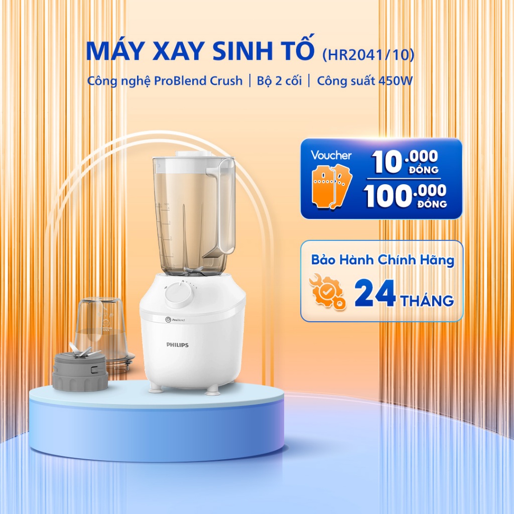 Máy Xay Sinh Tố PHILIPS HR2041/10 - Bộ 2 Cối - Công Suất 450 W - Bảo Hành 24 Tháng