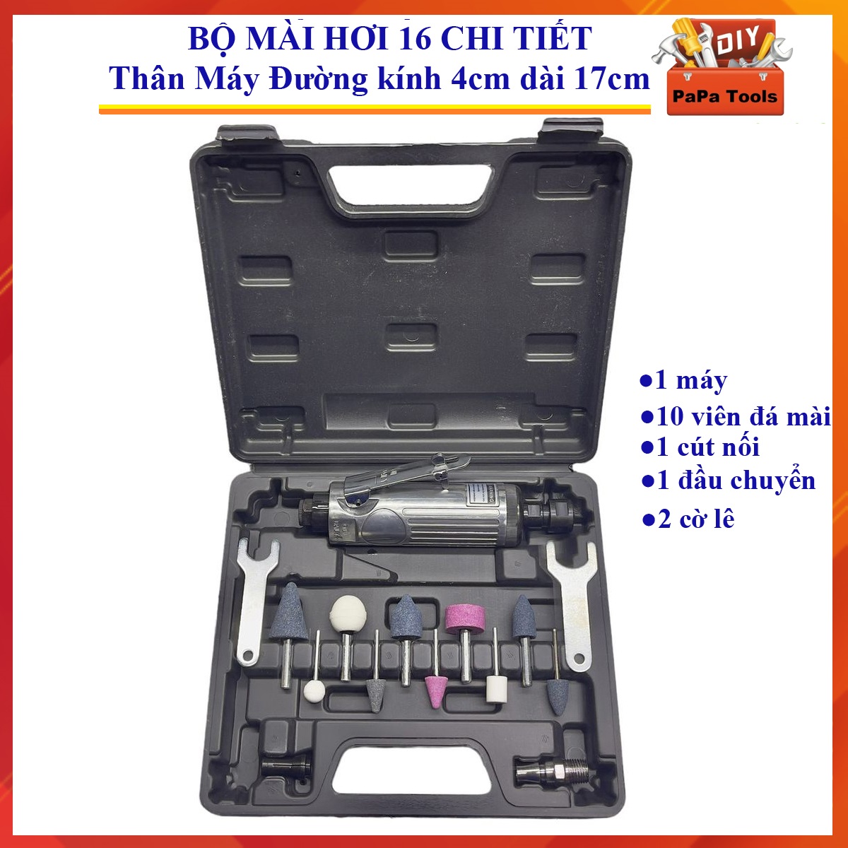 Máy mài hơi trà săm lốp bằng hơi hãng Hasaki 10 đầu mài - 16 chi tiết, Máy đánh săm củ to