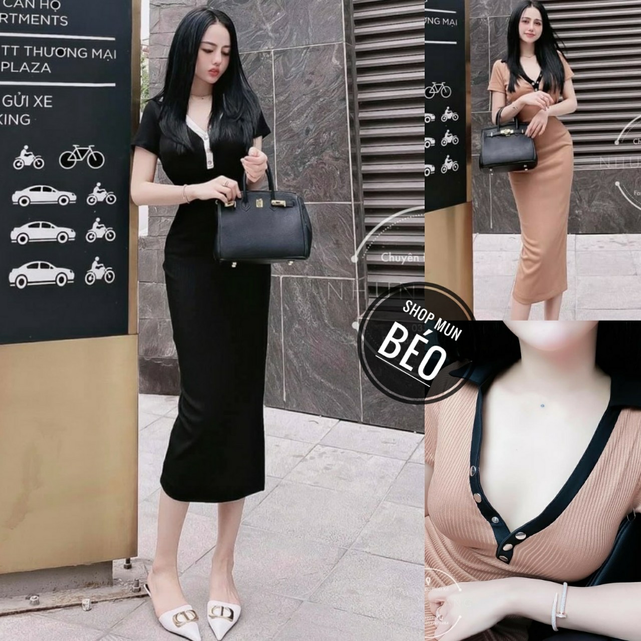 Đầm body trụ nút cổ tim chất thun gân thích hợp mặc đi tiệc đi làm đi chơi