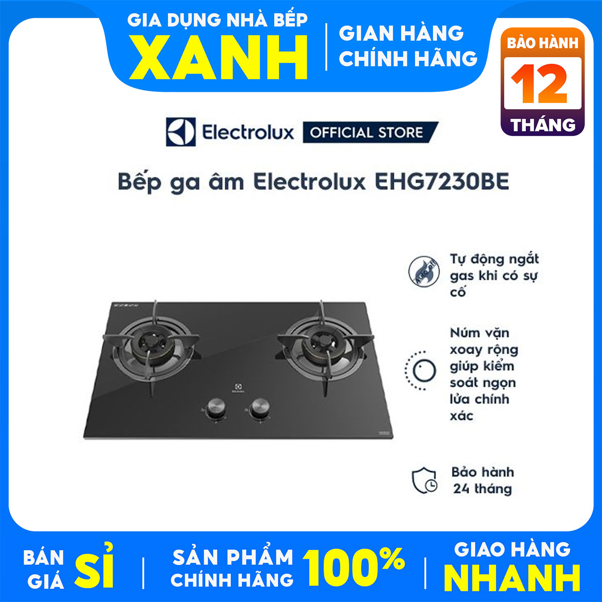 Bếp gas âm đôi electrolux ehg7230be chính hãng+ tặng van dây-tiện ích:đầu hâm, đánh lửa ic nhanh, nhẹ, đầu đốt tiết kiệm gas
