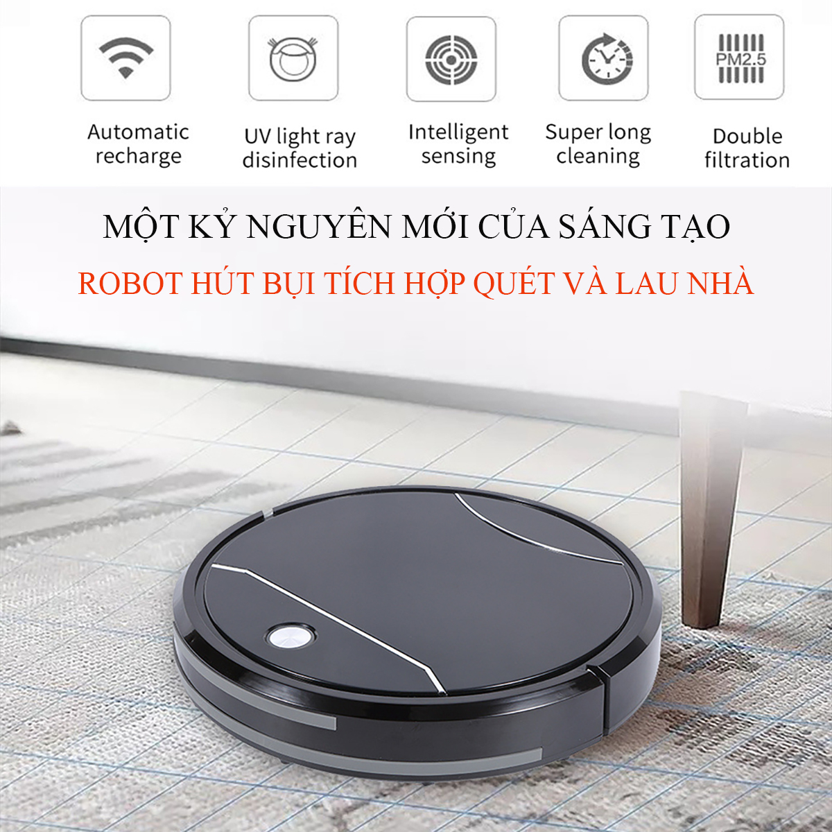 Robot hút bụi lau nhà thông minh, máy hút bụi đa năng cảm biến chống va chạm tự động sạc và lập trình hoặt động. Bảo hành 2 năm toàn quốc.