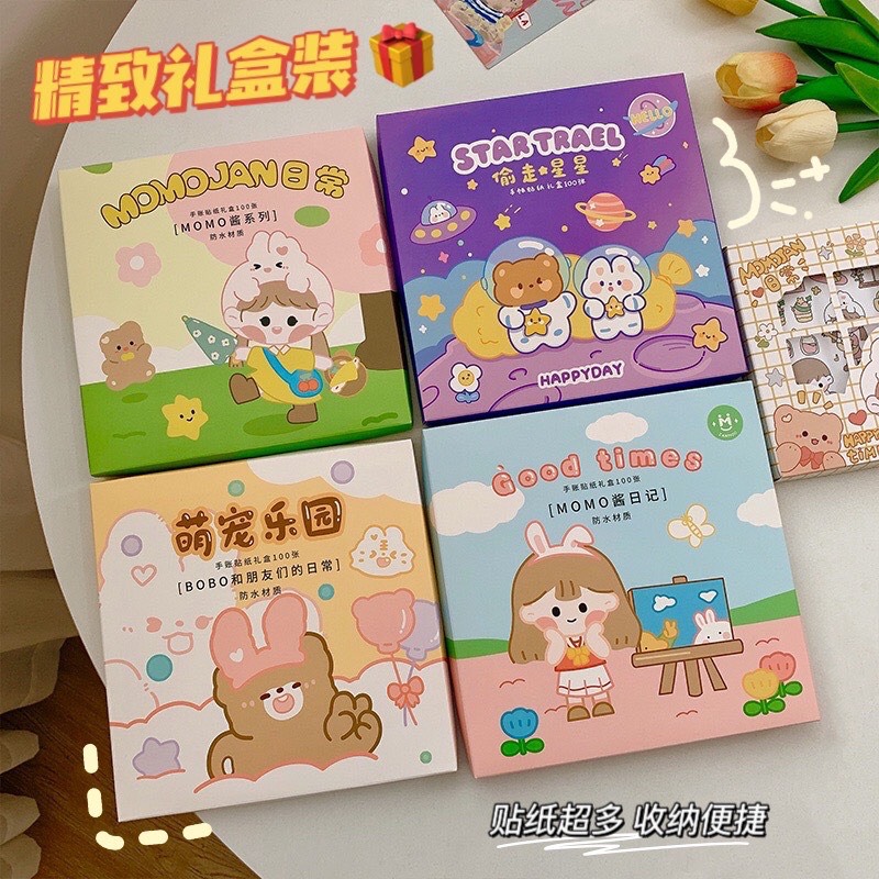 Hộp 100 tấm sticker hoạt hình dễ thương - sticker pet/pvc mika mika