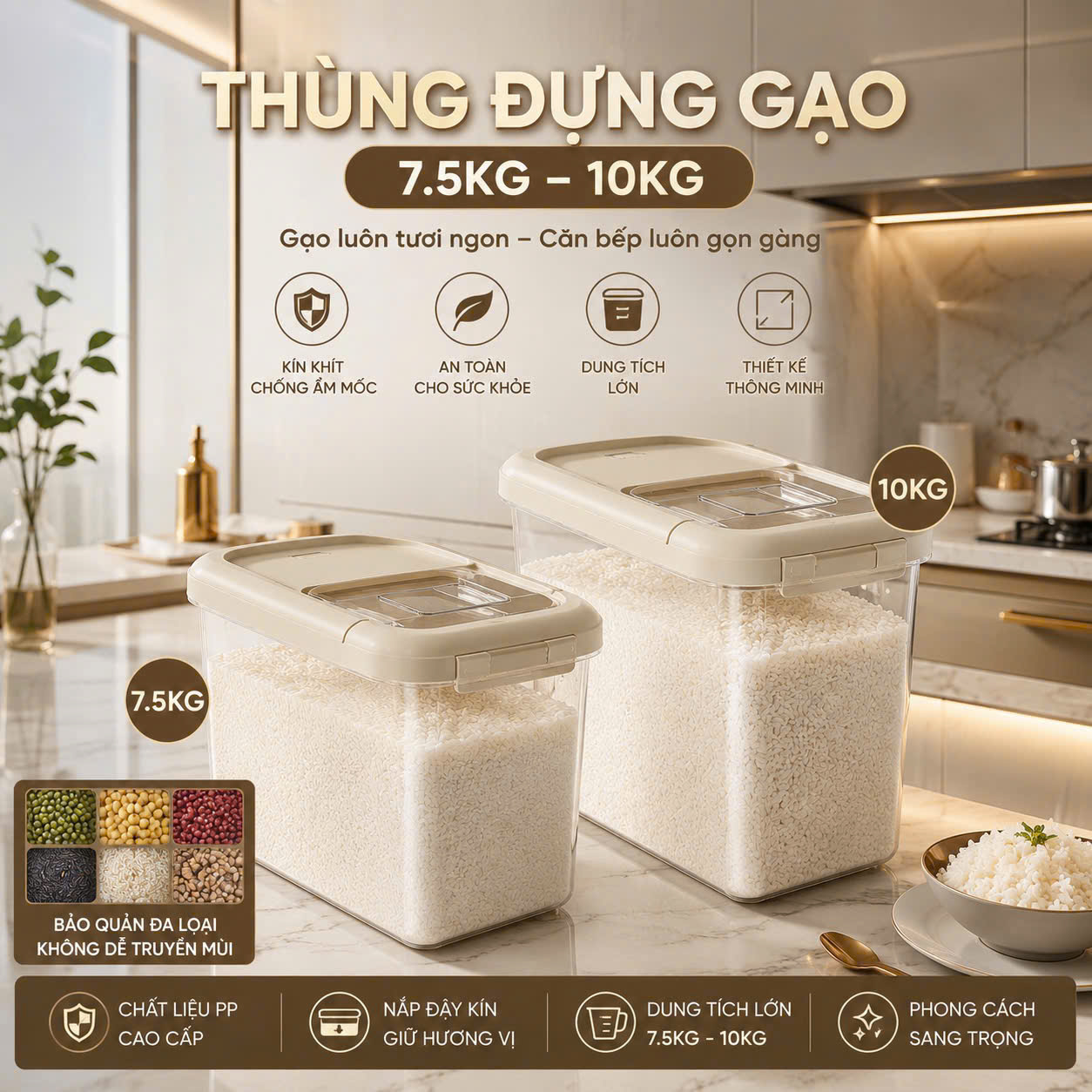 Thùng đựng gạo bằng nhựa trong suốt 7.5kg 10kg nắp đậy, dùng trong gia đình, chống ẩm chống côn trùng