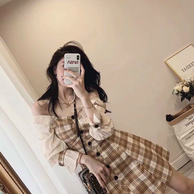 Đầm caro tay bèo trễ vai cực hot