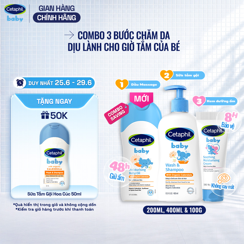 Combo Sữa tắm gội CETAPHIL BABY CALENDULA 400ML  Dầu massage dưỡng ẩm Baby Oil 200ml  Kem dưỡng ẩm Moisturising tuýp 100g