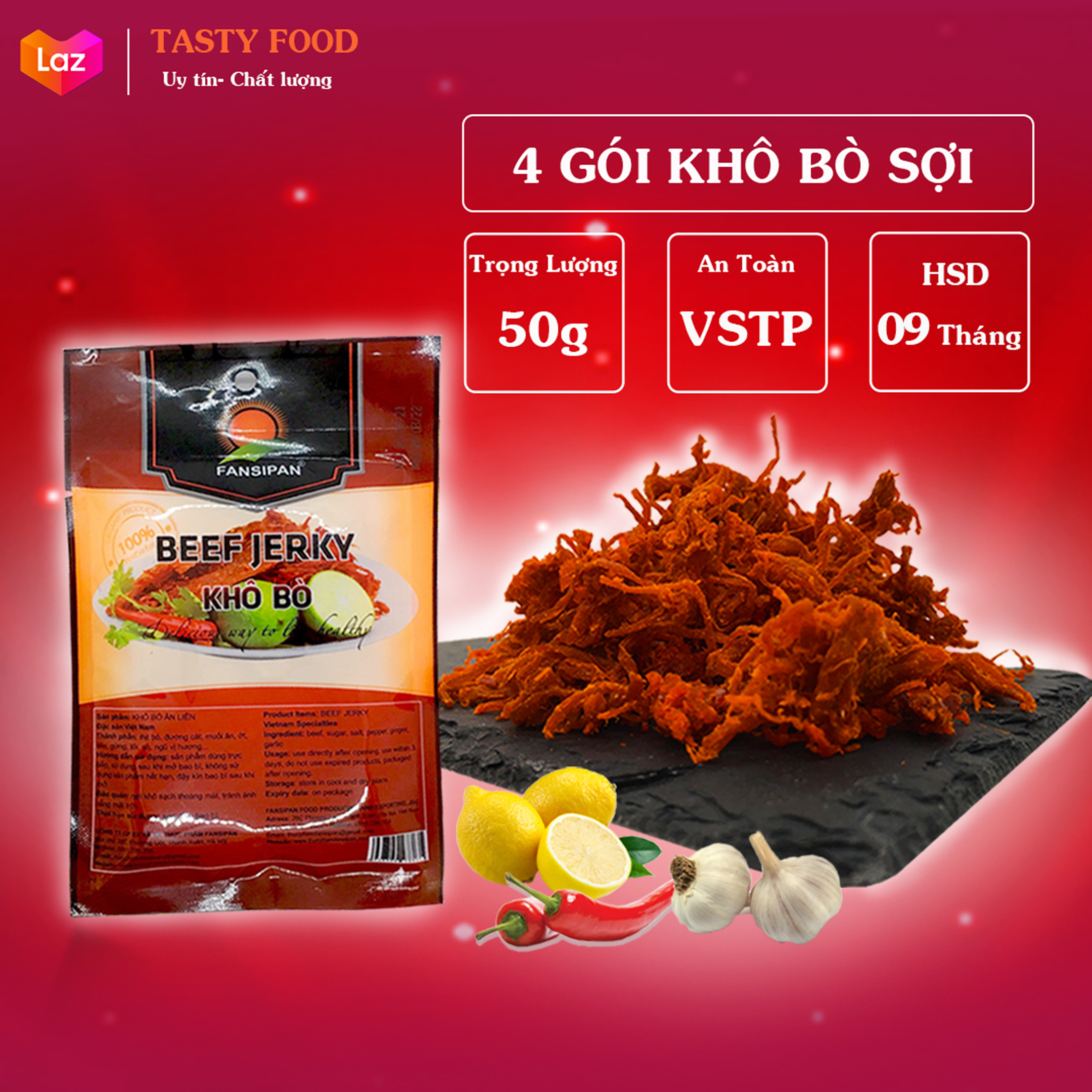 Combo 4 gói khô bò xé sợi thượng hạng gói 50g, bò khô sợi thơm ngon an toàn vê sinh, khô bò sợi giòn ngon đậm vị loại 1, Đồ ăn vặt Tasty Food