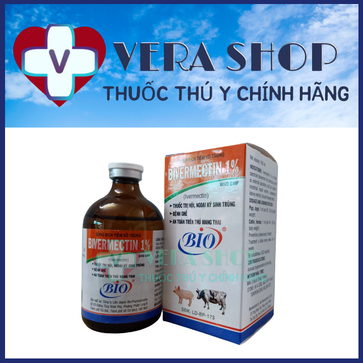 BIO BIVERMECTIN 1% 100ML - Thuốc trị ghẻ chí, rận, trị giun, an toàn trên thú mang thai cho chó, heo, trâu, bò, ngựa - Sỉ Lẻ Thuốc Thú Y