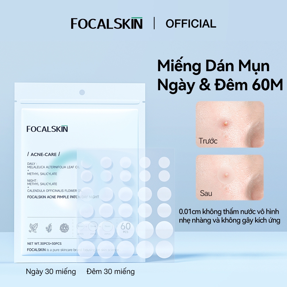 Miếng Dán Mụn FOCALSKIN Hút Mụn Sạch | Che Mụn Tự Nhiên | Giảm Sưng Mụn | 60 Miếng Ngày và Đêm Makeup Trang Điểm Che Mụn