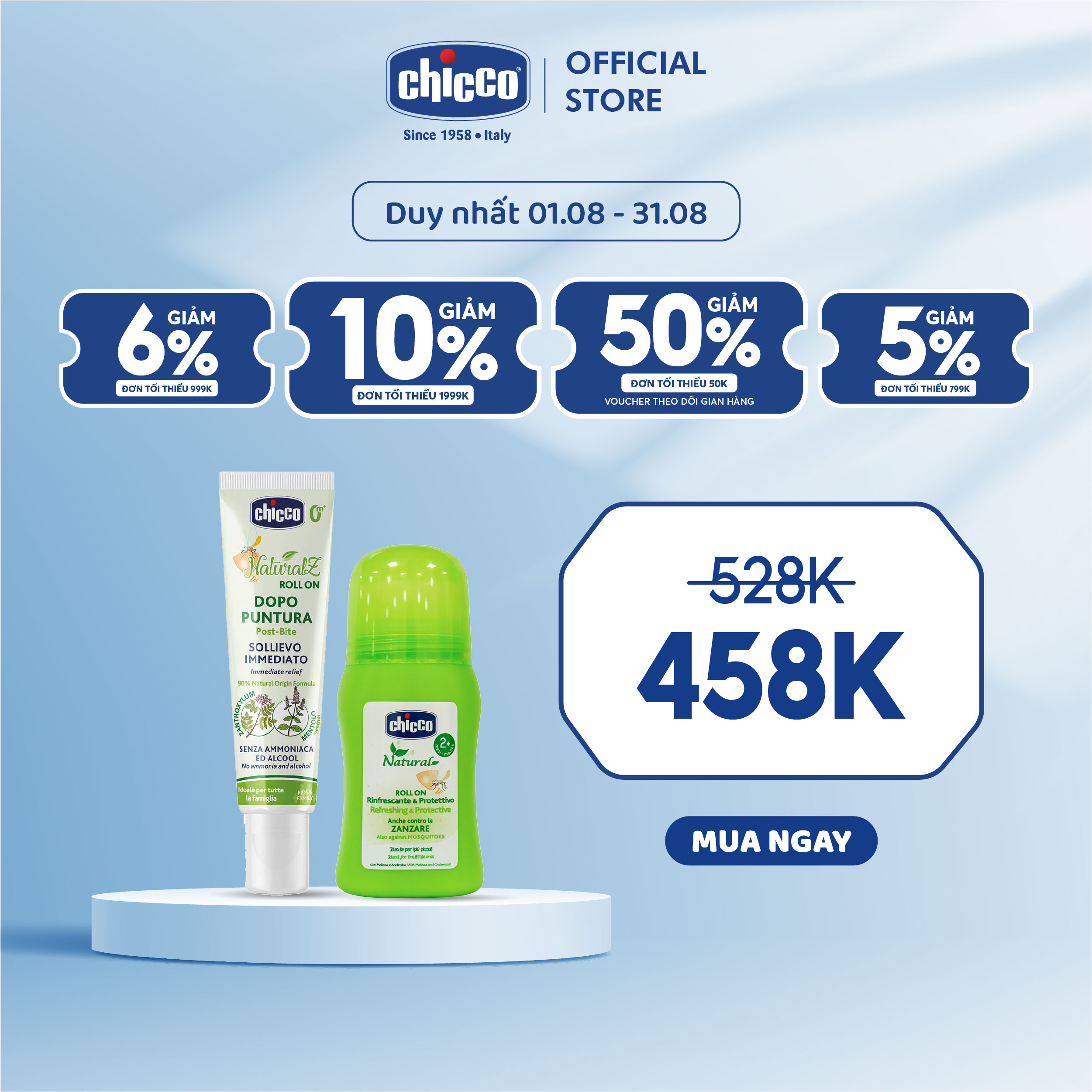 (Tặng túi đựng) Combo 1 lăn đa năng xua muỗi Chicco + 1 Lăn bôi vết muỗi đốt, côn trùng cắn Chicco NaturalZ