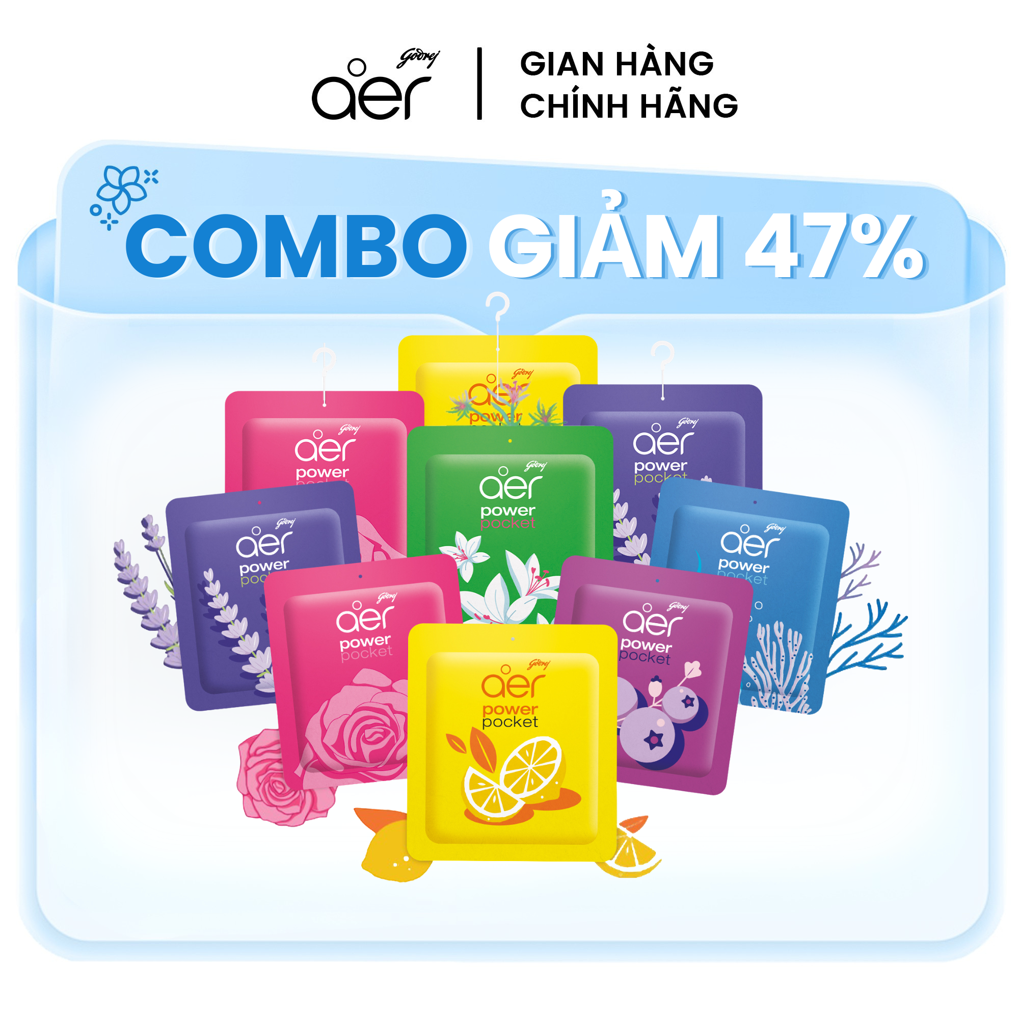 [Mua 6 tặng 3] Combo 9 túi thơm phòng Godrej Aer Power Pocket, khử mùi nhanh, giữ hương 30 ngày