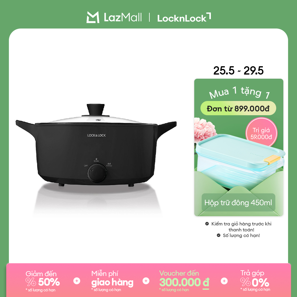Nồi lẩu điện đa năng LockLock Versatile Hot Pot 4L Màu đen EJP546BLK chống dính, Dung tích lớn, kèm nắp thủy tinh