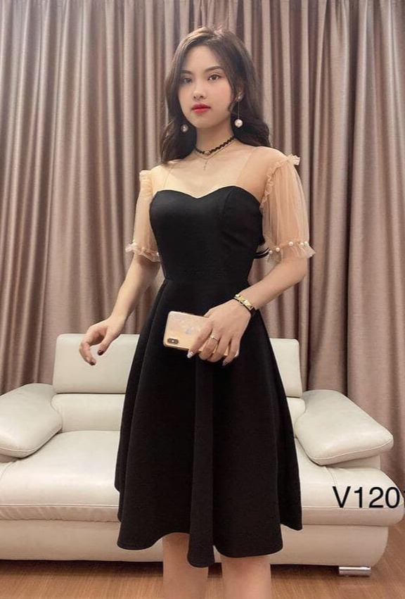 Đầm Nữ Xòe Tay Lưới Đính Ngọc Cổ Vuông Chất Liệu Thun Cát Thời Trang HARI