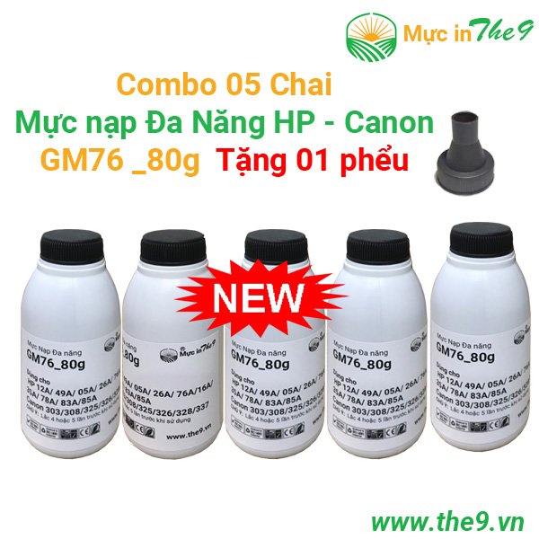 COMBO 5/ 4/ 3/ 2/ 1 CHAI mực nạp máy in Canon 2900 (GM76--80g) đa năng siêu đậm nét đẹp cho máy in Canon 3300, .Hp1020