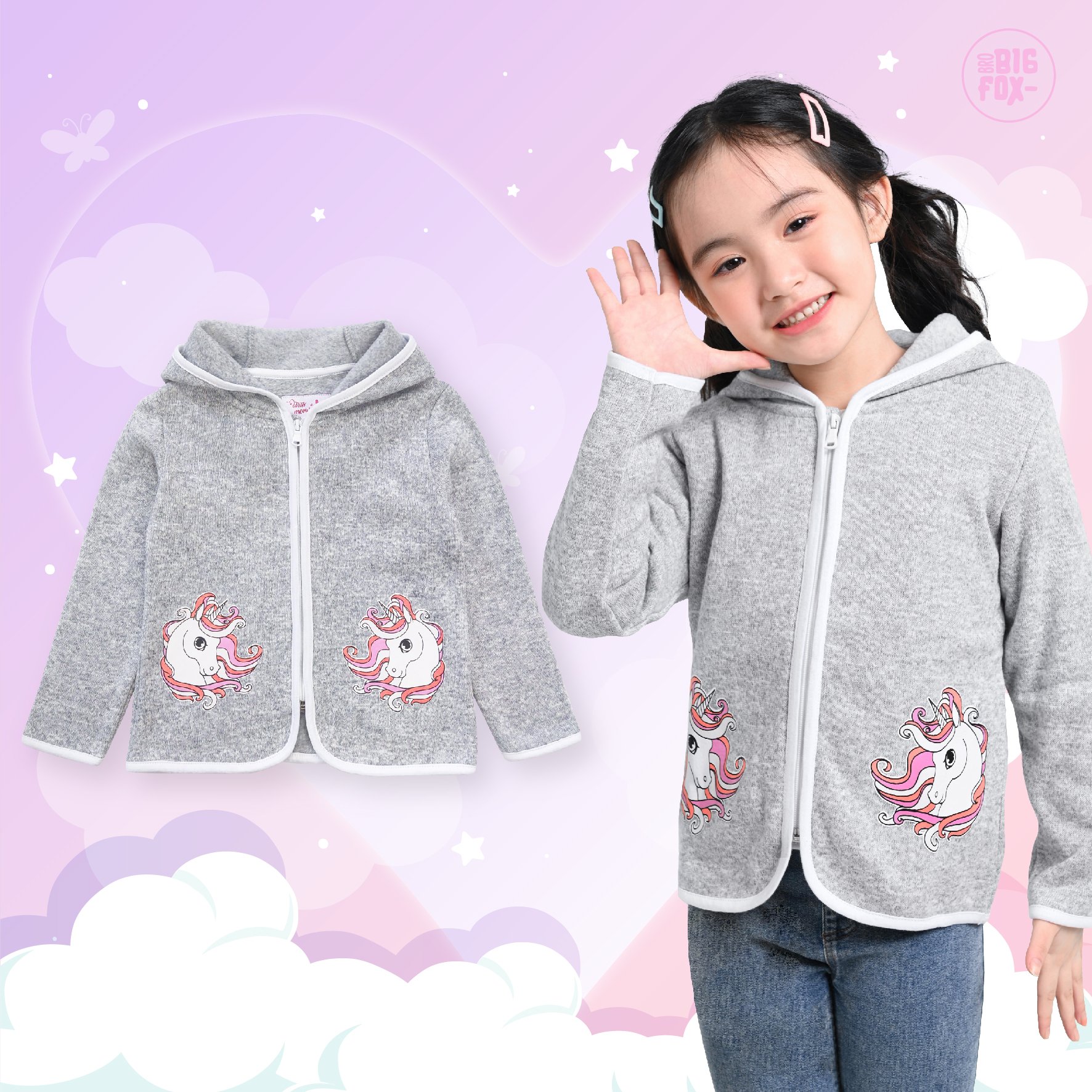 Áo khoác cho bé gái thu đông, áo nỉ bông kéo khóa dài tay size đại in Ngựa Unicorn 11 – 28 kg