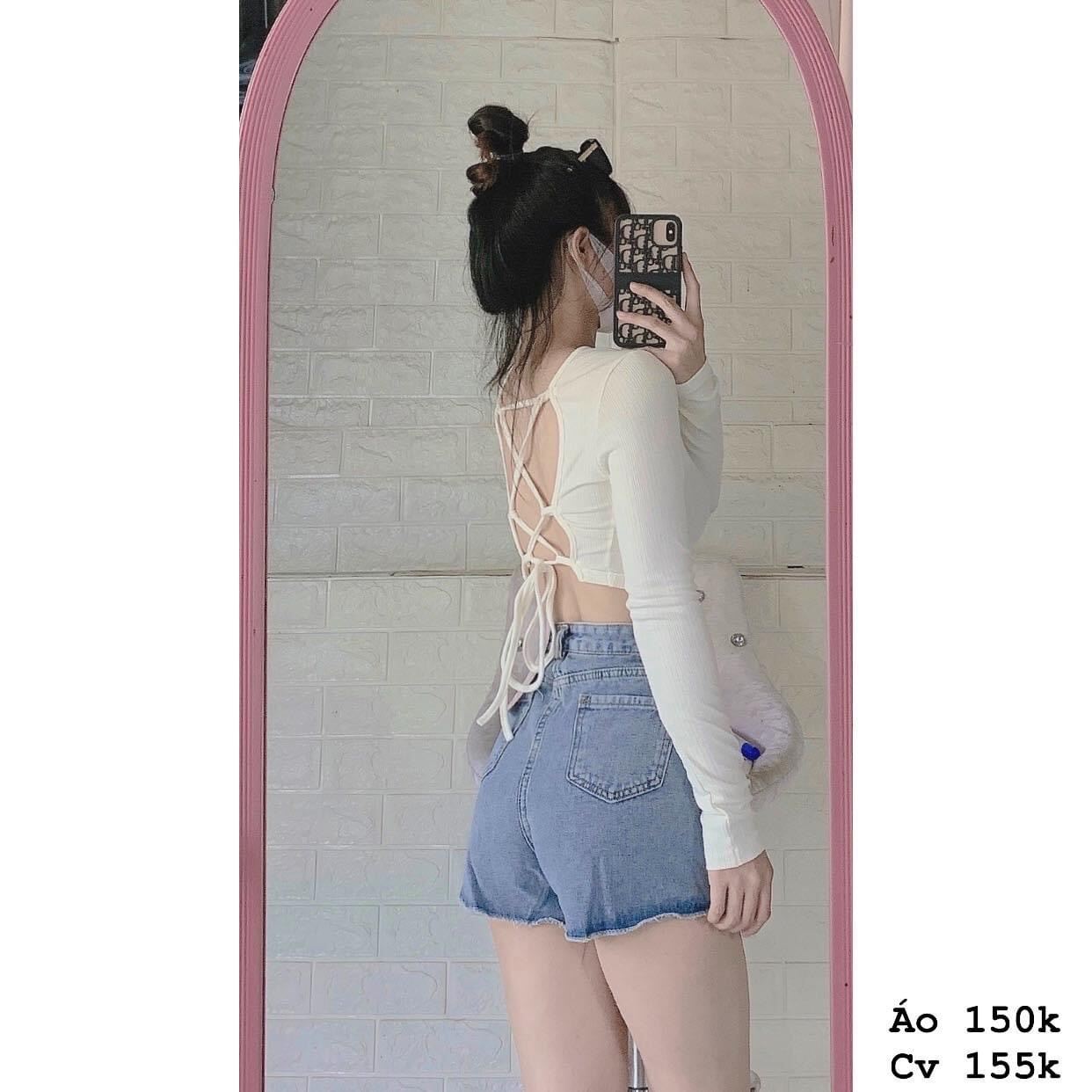 Áo thun gân cổ V đan dây sau lưng