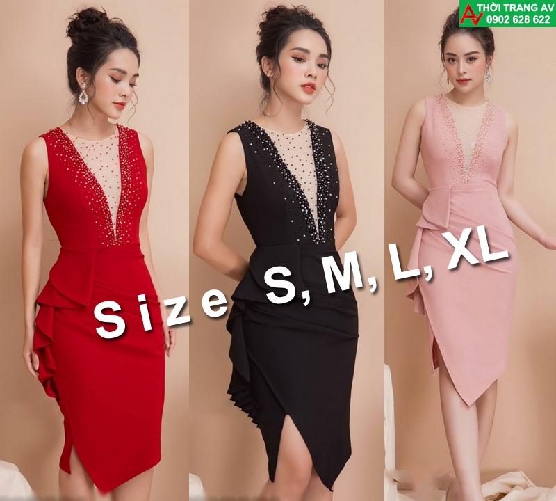 Đầm ôm body lai nhọn phối lưới đính hạt eo nhún bèo sang trọng - AV6211